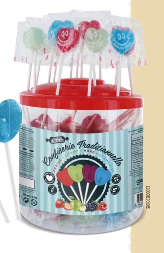 TUBO Boîte 125 sucettes Coeur 5,2gr (Fraise, Pomme, Mûre, Framboise)